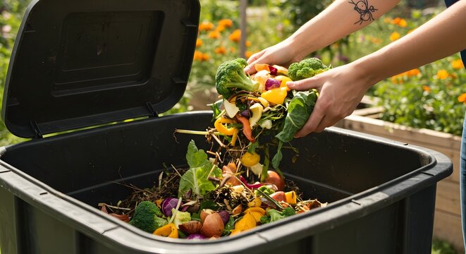 Hands Composting Kitchen Scraps into a Black Compost Bin Garden Background.