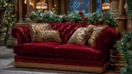 Red sofa with multiple cushions on a patterned rug in a bright, modern living room setting.