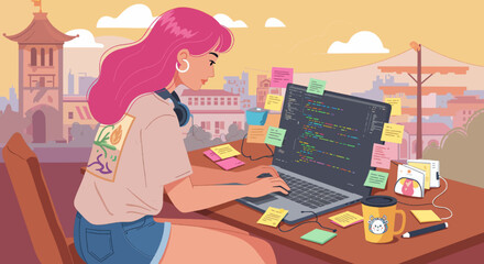 Woman coding at desk with city view in background