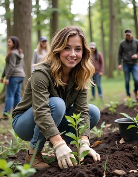 A cheerful young woman planting a sapling in a forested area during a community reforestation activity, surrounded by volunteers in casual outdoor clothing.