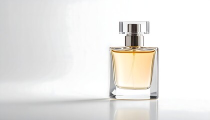 Elegant cream perfume bottle on white background, showcasing luxury and simplicity in a minimalist design.