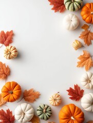 Fototapeta premium Eco Autumn Frame with Mini Pumpkins and Maple Leaves on White Background, Rustic Seasonal Decor Template for Eco-Friendly Packaging and Invitations, Selective Focus