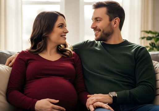 Pregnant couple sitting on a couch - Powered by Adobe