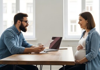 Pregnant woman and man at table with laptop