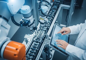 Robotic arms and a person using a tablet