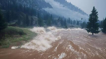 Floodwaters surge through a valley,  overtopping banks.  A raging torrent,  surrounding  a rustic homestead and a  dense forest.  Misty mountains in the background