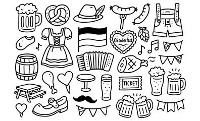 Oktoberfest doodle icons featuring traditional bavarian symbols