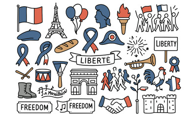 French national symbols in doodle style featuring liberty and heritage elements