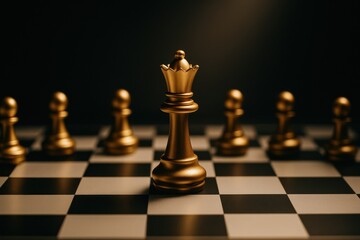 Golden Queen Chess Piece Leading Pawns on Black and White Board Metaphor for Leadership in Strategy and Focus