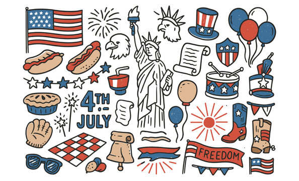 Fourth of july doodle set celebrating american independence day icons - Powered by Adobe