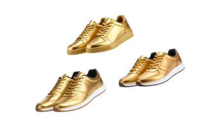 Stylish gold leather lace-up sneakers on a white background