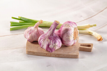 Purple raw young garlic bulb