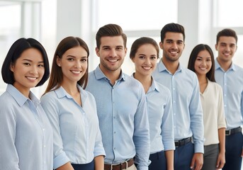 Six smiling people in professional attire standing in a line
