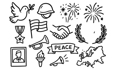 Symbolic peace doodles: dove, handshake, olive branch, map, fireworks