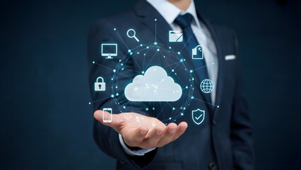 Man in suit holding cloud computing network with security and data icons