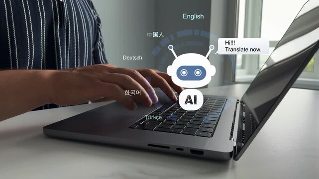 Artificial intelligence traslator technology.Translator language course and education.Translate languages technology concept.Text translation using AI bot.