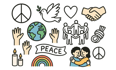 Peace and unity symbols collection including dove, peace sign, earth, and more