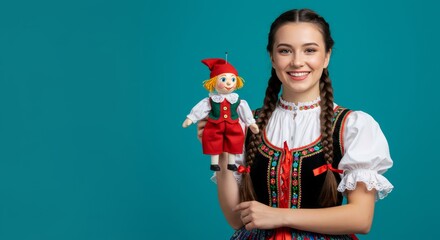 Cheerful young woman in Polish folk costume holding traditional puppet, perfect for cultural events
