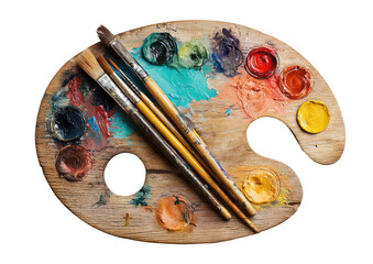 Wooden artist's palette, vibrant colors, paintbrushes