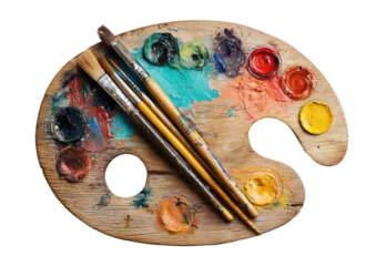 Wooden artist's palette, vibrant colors, paintbrushes