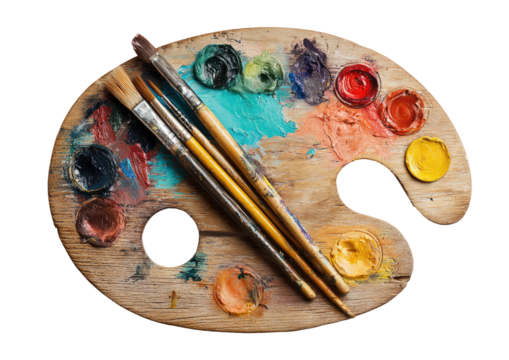 Wooden artist's palette, vibrant colors, paintbrushes