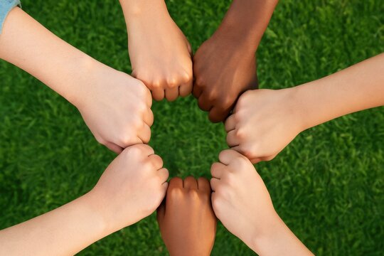 Unity and Teamwork Diverse Hands Fist Bumping on Green Grass in Outdoor Collaboration Environment