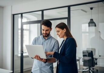 Two colleagues looking at a laptop in a modern office