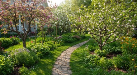 Fototapeta premium Blooming Spring Garden Path: Stone Pathway, Flowering Trees, Lush Greenery, Serene Scene.