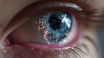 Futuristic human eye reflecting digital city in glowing cyber detail - Powered by Adobe