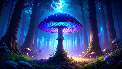 Glowing mushroom dominates a mystical, dark forest at night