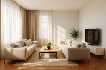 Fototapeta premium Bright living room with sofas and television interior