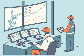 Two workers in a control room monitoring screens with data, diagrams, and a power transmission tower