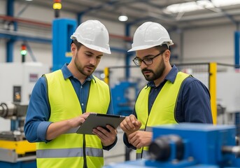 Two men in hard hats and safety vests reviewing tablet