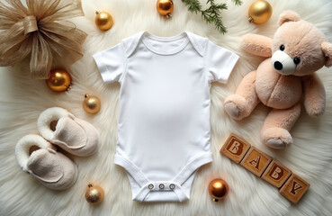 Flat lay with white baby bodysuit, teddy bear, soft booties, and golden Christmas ornaments. Wooden blocks spell BABY. Holiday pregnancy announcement theme, perfect for festive season celebration.