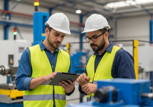 Two men in hard hats and safety vests reviewing tablet