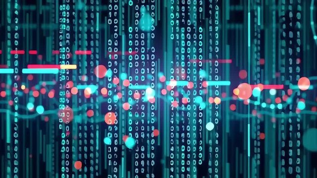 Futuristic Digital Technology Glowing Binary Code and Colorful Data Streams Create Vibrant Abstract Visuals of Innovation