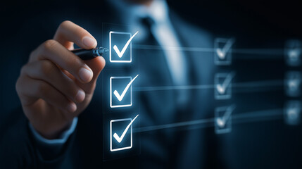 Business professional selecting check boxes on digital interface for task completion and success