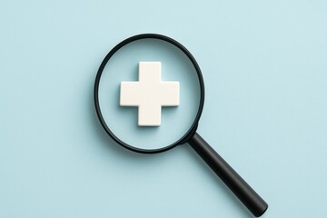 Fototapeta premium Healthcare Research Insights with Black Magnifying Glass on Medical Cross Pastel Blue Background Flat Lay View