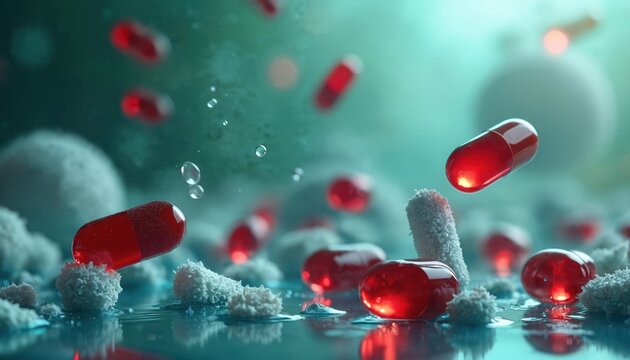 Red capsules float in water near white cells, suggesting senolytic antiaging supplements. Focus on cellular health and rejuvenation science for longevity and vitality.