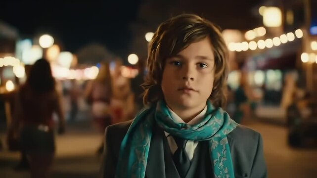 Boy in suit, teal scarf, night market backdrop