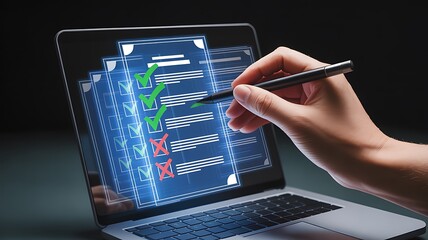 Hand using stylus to interact with futuristic digital checklist on laptop screen