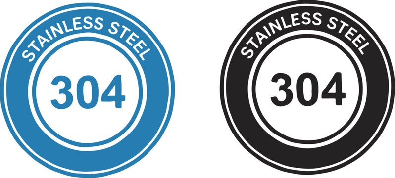 Stainless Steel 304 grade icon set. Blue and black circular labels indicating material quality for industrial or product use. Vector illustration isolated on a white background.