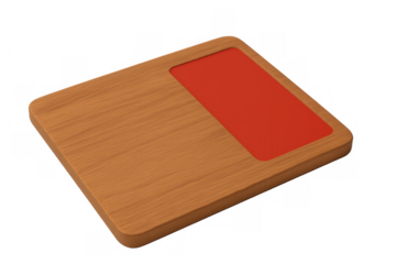 Wooden board displaying blank red label, floating against transparent backdrop with ample space for text