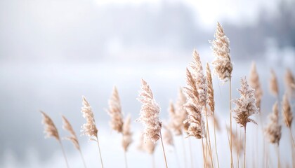 Fototapeta premium Winter grasses by a misty lake. Soft, light beige grasses gently sway in a soft breeze. Soft focus background of a muted winter scene