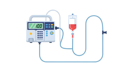 Flat vector illustration of a medical infusion pump system for blood transfusion. Automated hospital equipment for intravenous therapy.