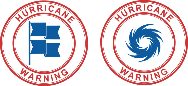 Hurricane Warning sign set. Red circular seals with a storm warning flag icon and a hurricane symbol. Vector for severe weather alerts, isolated on white.