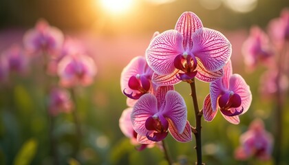 Close-up of pink orchids with white spots blooming in sunlit field. Delicate petals showcase intricate purple stripes. Soft bokeh background enhances vibrant floral beauty. Perfect for nature,