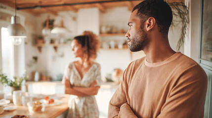 Couple standing in kitchen during relationship argument