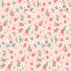 Seamless floral pattern, liberty ditsy print in romantic rustic motif. Delicate botanical design of small hand drawn flowers, tiny leaves, simple cute bouquets on pink field. Vector illustration. © Yulya i Kot