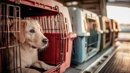 Beagle dog inside red travel crate on aircraft cargo deck Beagle sitting alert inside red pet crate among rows of travel kennels in aircraft. Captures moment of readiness and emotional connection in p